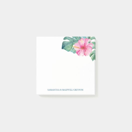 Watercolor Tropical Hibiscus Flower and Palm Leaf ポストイット (正面)