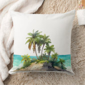 Watercolor Tropical Island Beach Scene クッション (ブランケット)