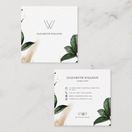 Watercolor Tropical Leaves Brush Stroke Monogram スクエア名刺 (正面/裏面)