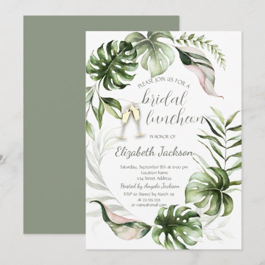 Watercolor Tropical Leaves Greenery 招待状 (正面/裏面)