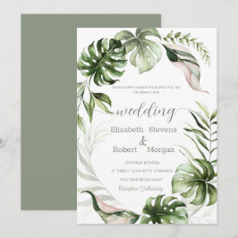 Watercolor Tropical Leaves Greenery  Wedding 招待状