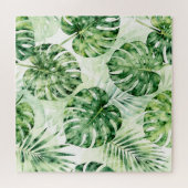 Watercolor Tropical Monstera Palm Leaves Pattern ジグソーパズル (横)