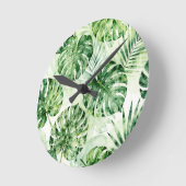 Watercolor Tropical Monstera Palm Leaves Pattern ラウンド壁時計 (傾斜)