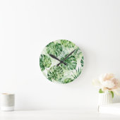 Watercolor Tropical Monstera Palm Leaves Pattern ラウンド壁時計 (ホーム)