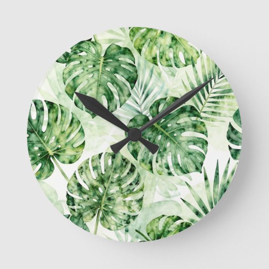 Watercolor Tropical Monstera Palm Leaves Pattern ラウンド壁時計 (正面)
