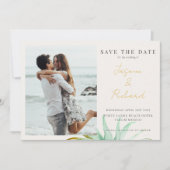 Watercolor Tropical Palm Destination Wedding Photo セーブザデート (正面)