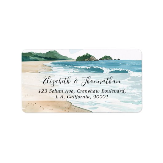 Watercolor Tropical Seaside Beach Script Name  ラベル (正面)