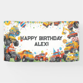 Watercolor Trucks Birthday Banner Construction Car 横断幕