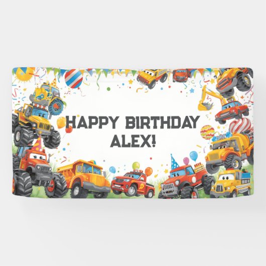 Watercolor Trucks Birthday Banner Construction Car 横断幕 (横)