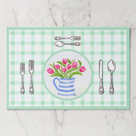 Watercolor TULIP Blue Vase Gr Check Paper Placemat ペーパーパッド (正面)