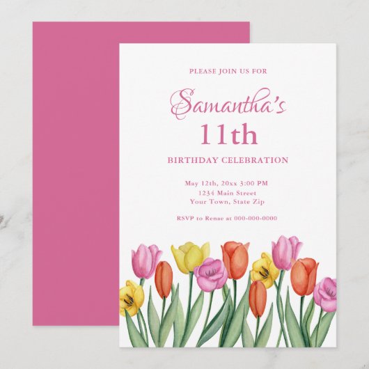 Watercolor Tulips 11th Birthday 招待状 (正面/裏面)