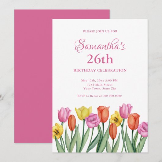 Watercolor Tulips 26th Birthday 招待状 (正面/裏面)