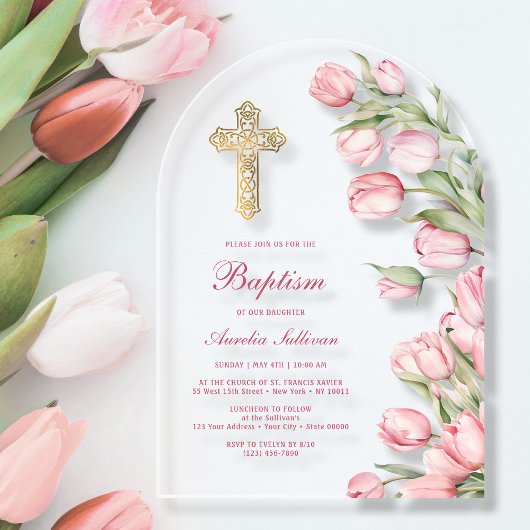 Watercolor Tulips Arch Baptism アクリル招待状