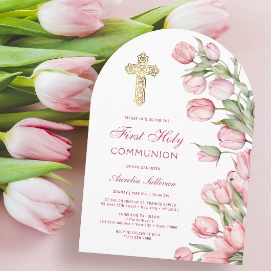 Watercolor Tulips Arch First Communion 招待状