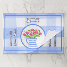 Watercolor TULIPS Blue Vase Check Paper Placemat