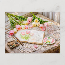Watercolor Tulips with Brushes and Creative Vintag ポストカード