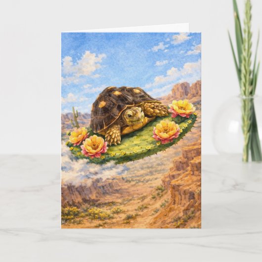 Watercolor Turtle flying on a magic cactus pad カード (正面)