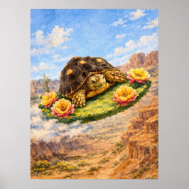 Watercolor Turtle flying on a magic cactus pad ポスター