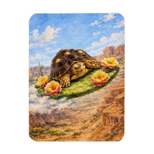 Watercolor Turtle flying on a magic cactus pad マグネット (縦)