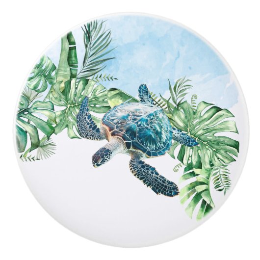 Watercolor Turtle Tropical Leaves セラミックノブ (正面)