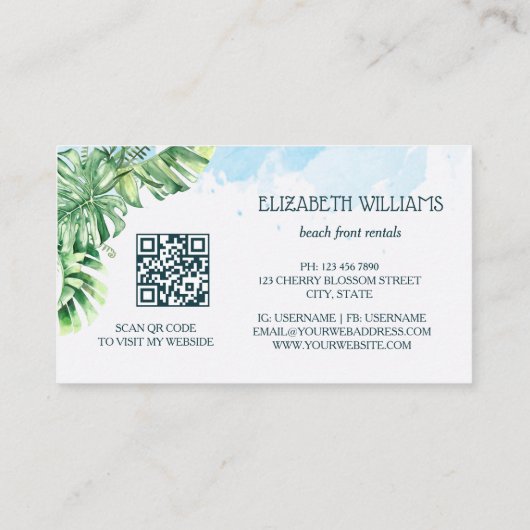  Watercolor Turtle Tropical Leaves 名刺 (裏面)