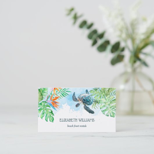  Watercolor Turtle Tropical Leaves 名刺 (スタンド正面)