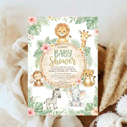 watercolor Twin Jungle Safari Animals Baby Shower 招待状