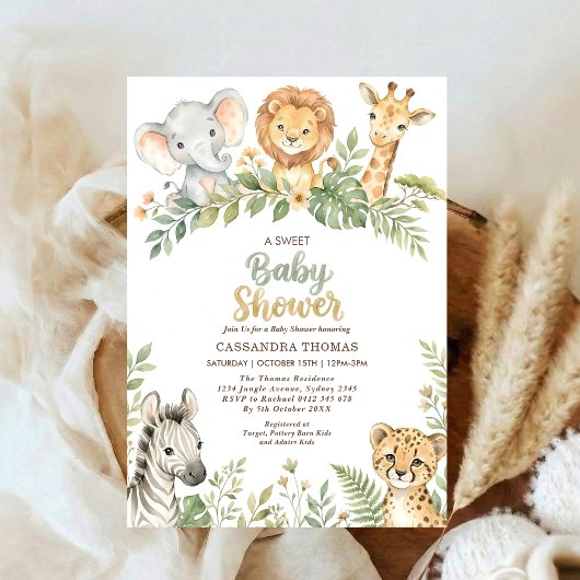 watercolor Twin Jungle Safari Animals Baby Shower 招待状