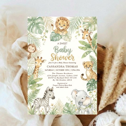 watercolor Twin Jungle Safari Animals Baby Shower 招待状