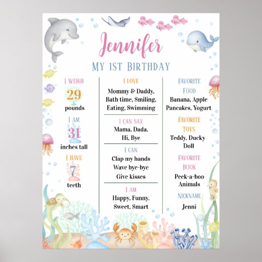 Watercolor Under the Sea First Birthday Milestone  ポスター (正面)