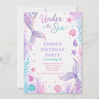 Watercolor Under the Sea Mermaid Birthday Invitati 招待状