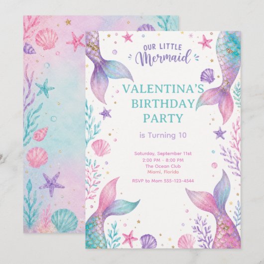 Watercolor Under The Sea Party Invite 招待状 (正面/裏面)