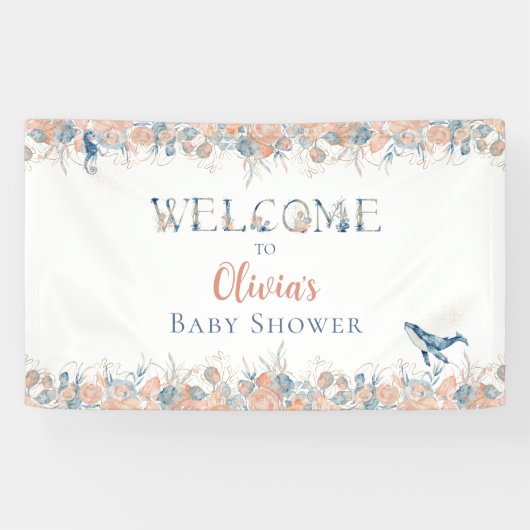 Watercolor Under the Sea Whale Baby Shower Welcome 横断幕 (横)