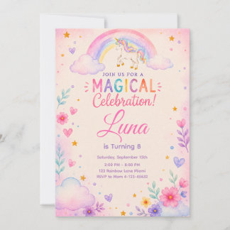 Watercolor Unicorn Party Invite 招待状