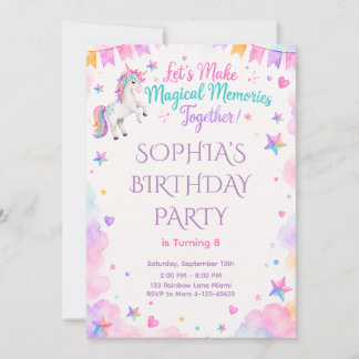 Watercolor Unicorn Pink Party Invite 招待状