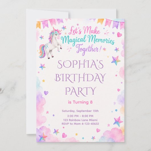 Watercolor Unicorn Pink Party Invite 招待状 (正面)