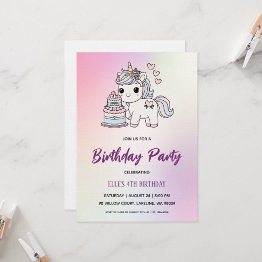 watercolor unicorn rainbow birthday invitation 招待状 (正面/裏面インサイチュ)