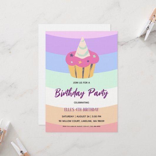 watercolor unicorn rainbow birthday invitation 招待状 (正面/裏面インサイチュ)