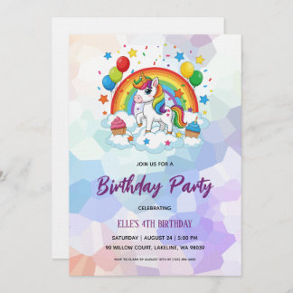 watercolor unicorn rainbow birthday invitation 招待状