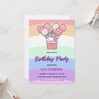 watercolor unicorn rainbow birthday invitation 招待状