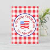 Watercolor USA Flag BIRTHDAY Red White Blue Check  招待状 (スタンド正面)