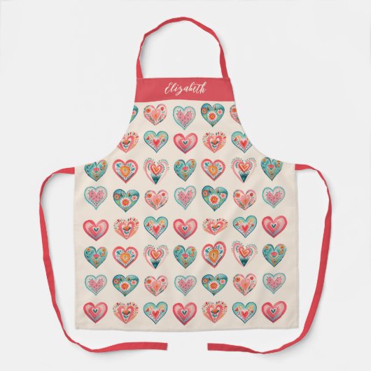 Watercolor Valentine Hearts Pattern Cooking エプロン (正面)
