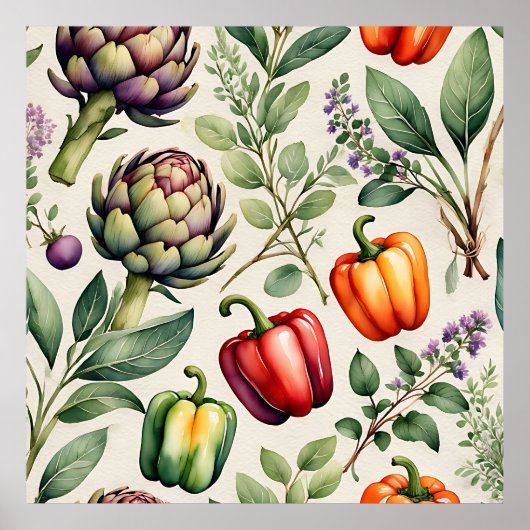 Watercolor Vegetable Garden Pattern ポスター (正面)