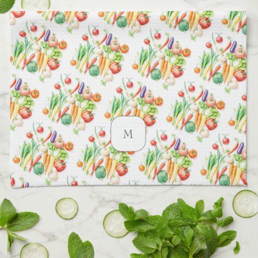 Watercolor vegetables pattern monogrammed キッチンタオル (折り畳み)