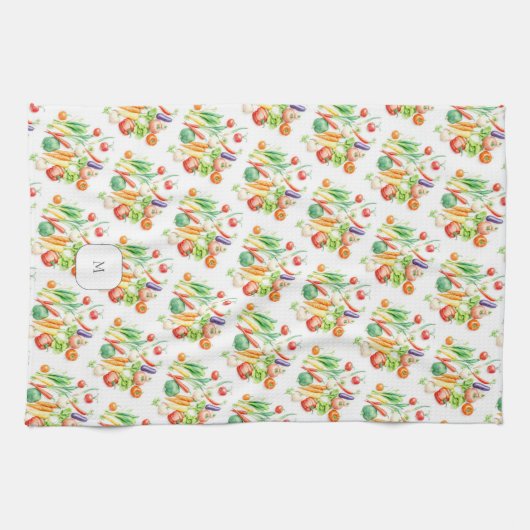 Watercolor vegetables pattern monogrammed キッチンタオル (横)