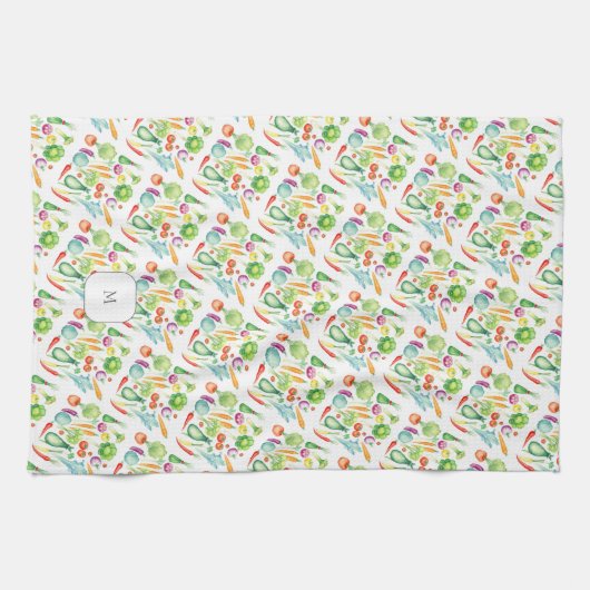 Watercolor vegetables pattern monogrammed キッチンタオル (横)
