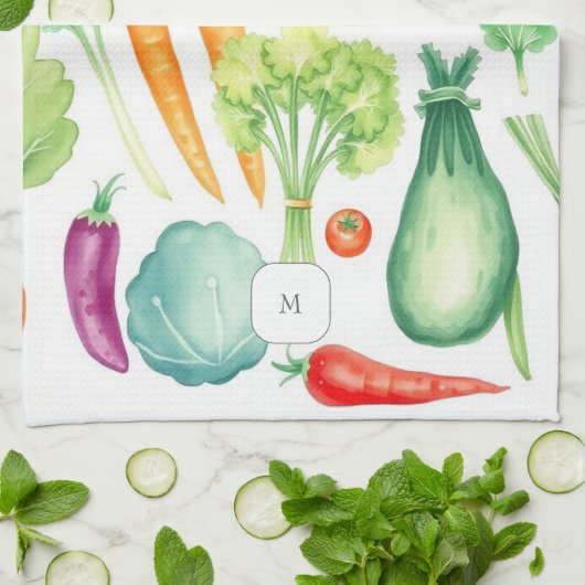 Watercolor vegetables pattern monogrammed キッチンタオル (折り畳み)