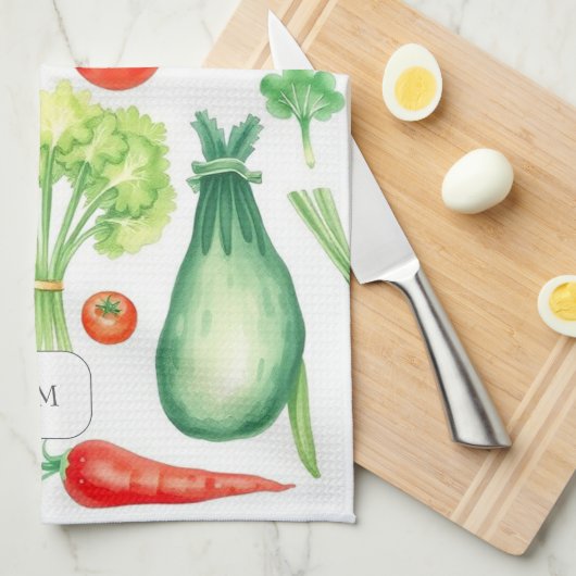 Watercolor vegetables pattern monogrammed キッチンタオル (四つ折り)