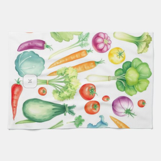 Watercolor vegetables pattern monogrammed キッチンタオル (横)