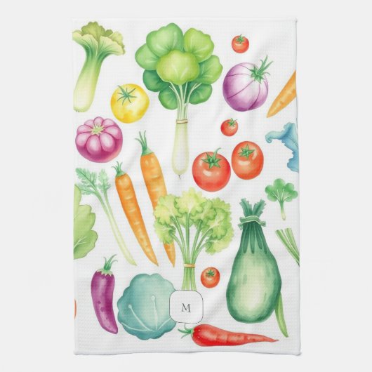 Watercolor vegetables pattern monogrammed キッチンタオル (縦)